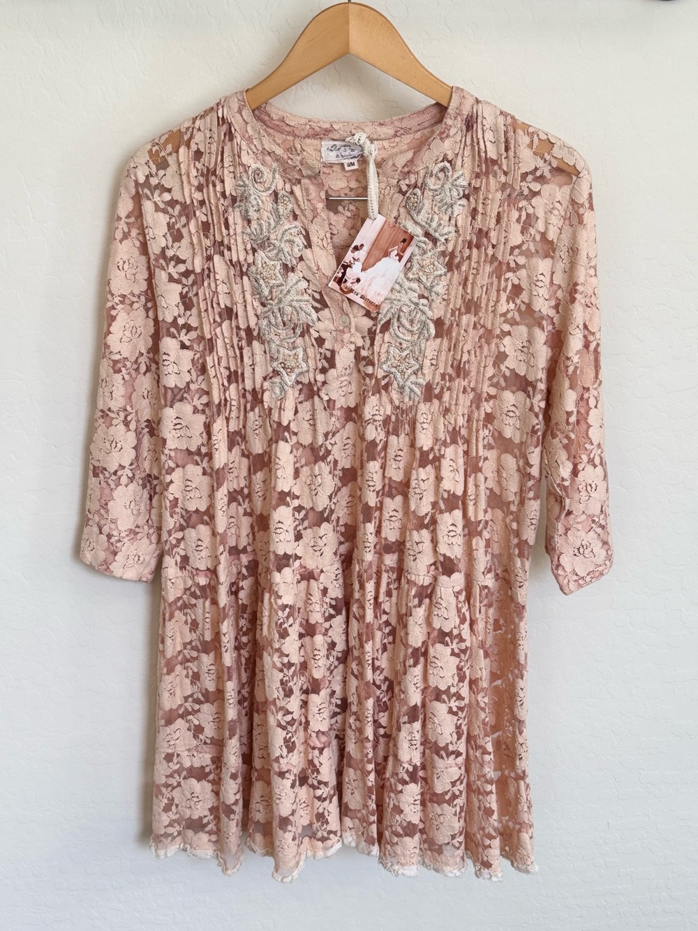 Antica Sartoria Positano Pink Floral Lace Pintuck Beaded Tunic Mini Dress S/M